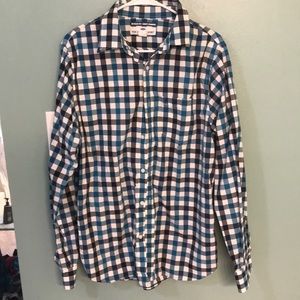 Men’s blue and black plaid dress shirt